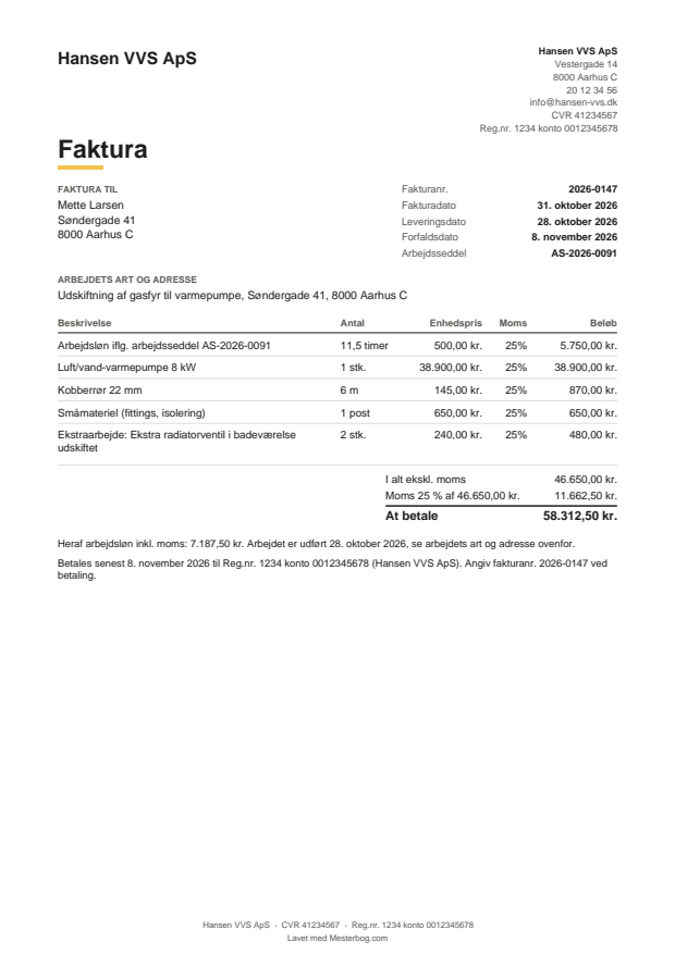 Eksempel på en faktura lavet med Mesterbog, med CVR-nummer, moms og arbejdsløn vist for sig